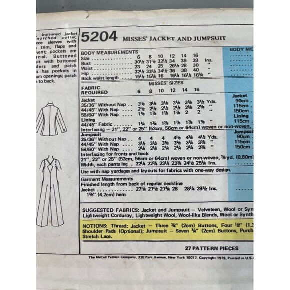 70s McCalls 5204 Misses Jacket and Jumpsuit Sewing Pattern Size 10 Vintage CUT - Picture 4 of 6
